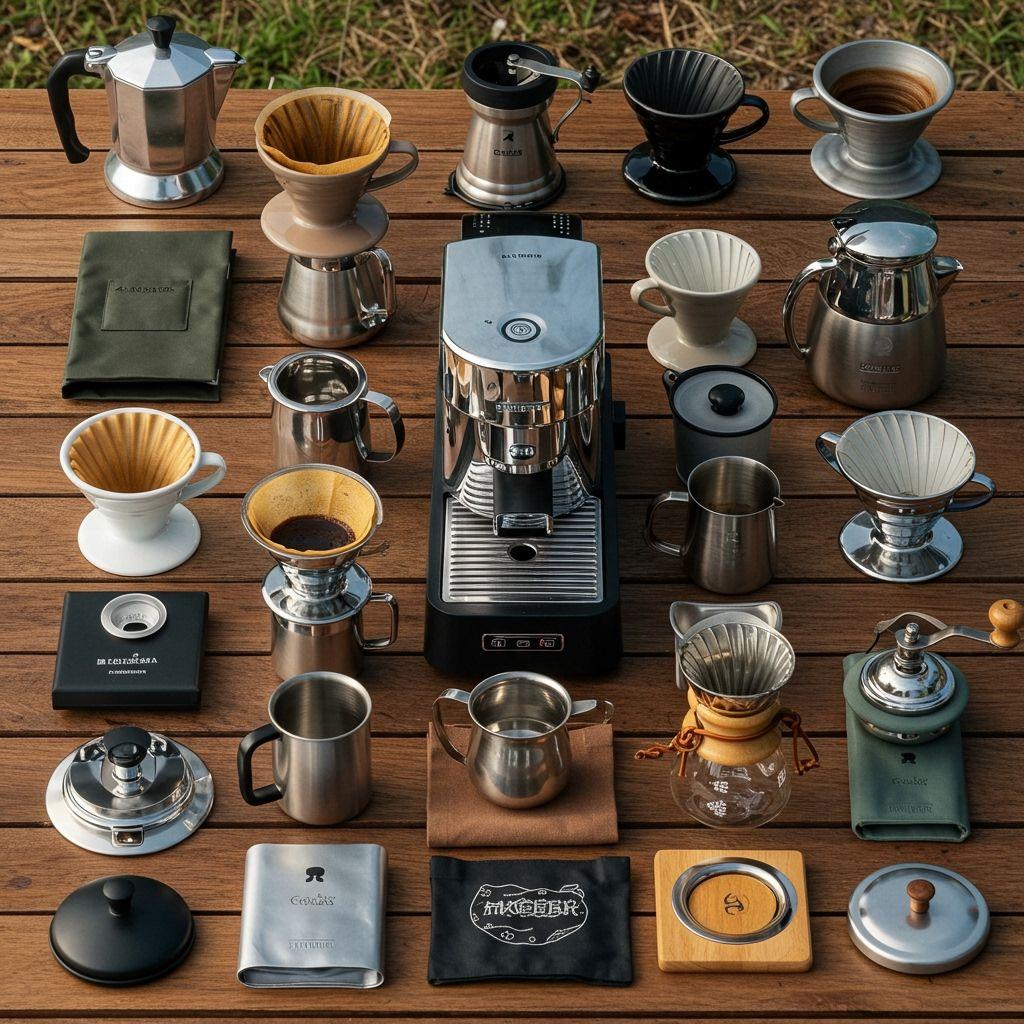 Organized flat lay of various drip coffee equipment on rustic wooden table — automatic machine, pour-over devices, grinders, filters, and camping gear — styled like a gear review photo