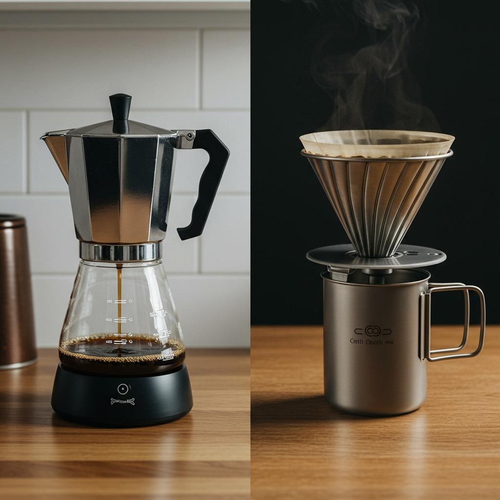 Side-by-side comparison showing a sleek automatic drip coffee maker on the kitchen counter next to a minimal camping pour-over setup with a metal filter and a titanium mug — clean, modern photography highlighting the contrast