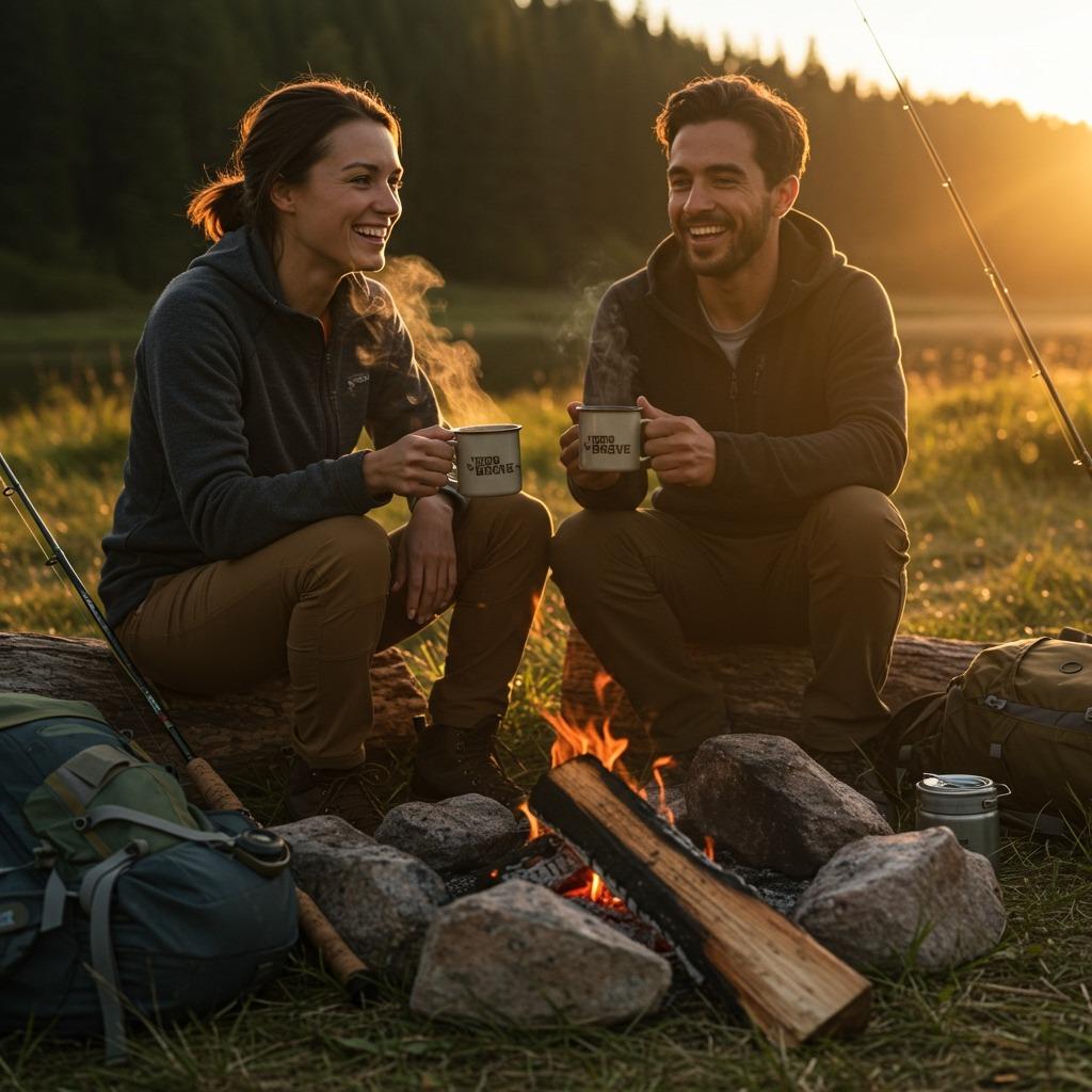 Smiling hikers share mugs of steaming breve around a log, daypacks and fishing rods nearby, golden evening sun — candid, energetic, aspirational
