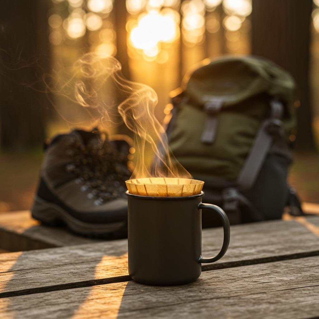 Steaming mug of black drip coffee on wooden outdoor table with hiking boots and backpack in background, golden hour lighting filtering through forest trees — lifestyle photography emphasizing health and outdoor connection