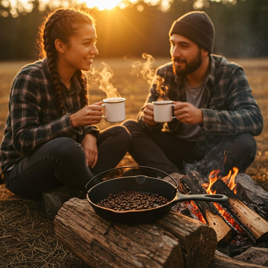 Warm, golden sunrise lighting a pair of friends sipping coffee from enamel mugs, campfire smoldering, and a skillet with roasted beans resting on a log