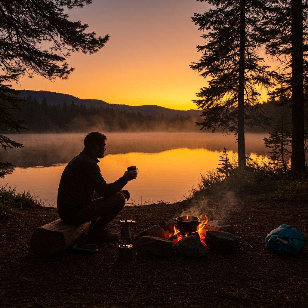 Wide shot of a peaceful mountain lake at dawn, with a lone camper silhouetted against orange sky, holding a steaming mug, coffee roasting equipment visible near a glowing campfire