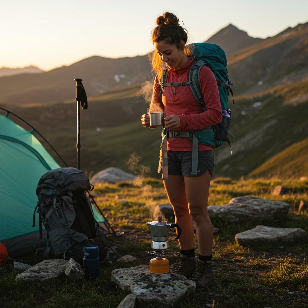 A backpacker preparing coffee loophole drink at a scenic mountain campsite during golden hour, with hiking gear and a tent visible in the background