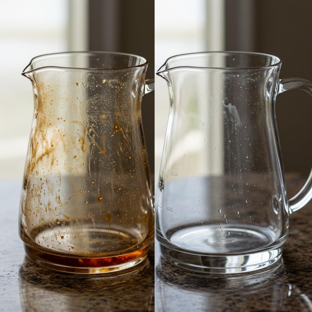 A before and after comparison of a coffee carafe, left side stained brown, right side sparkling clean, side by side on granite countertop