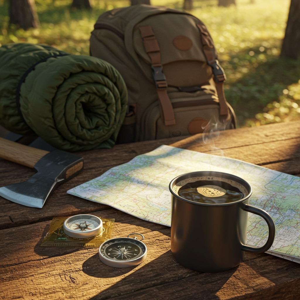 A camping mug filled with black coffee next to a trail map and compass on a wooden picnic table — natural outdoor lighting, adventure gear scattered around, ready for exploration