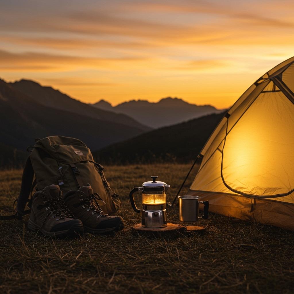 A camping scene with French press coffee brewing beside a glowing tent at sunrise, mountains silhouetted in background, hiking boots and backpack visible, golden hour lighting