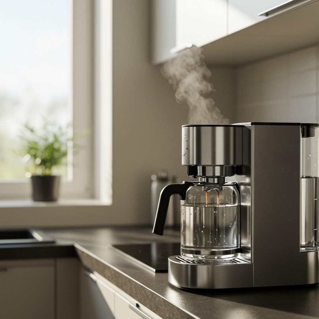 A coffee maker mid-brew cycle with clear water running through it, steam visible, modern kitchen setting with morning sunlight