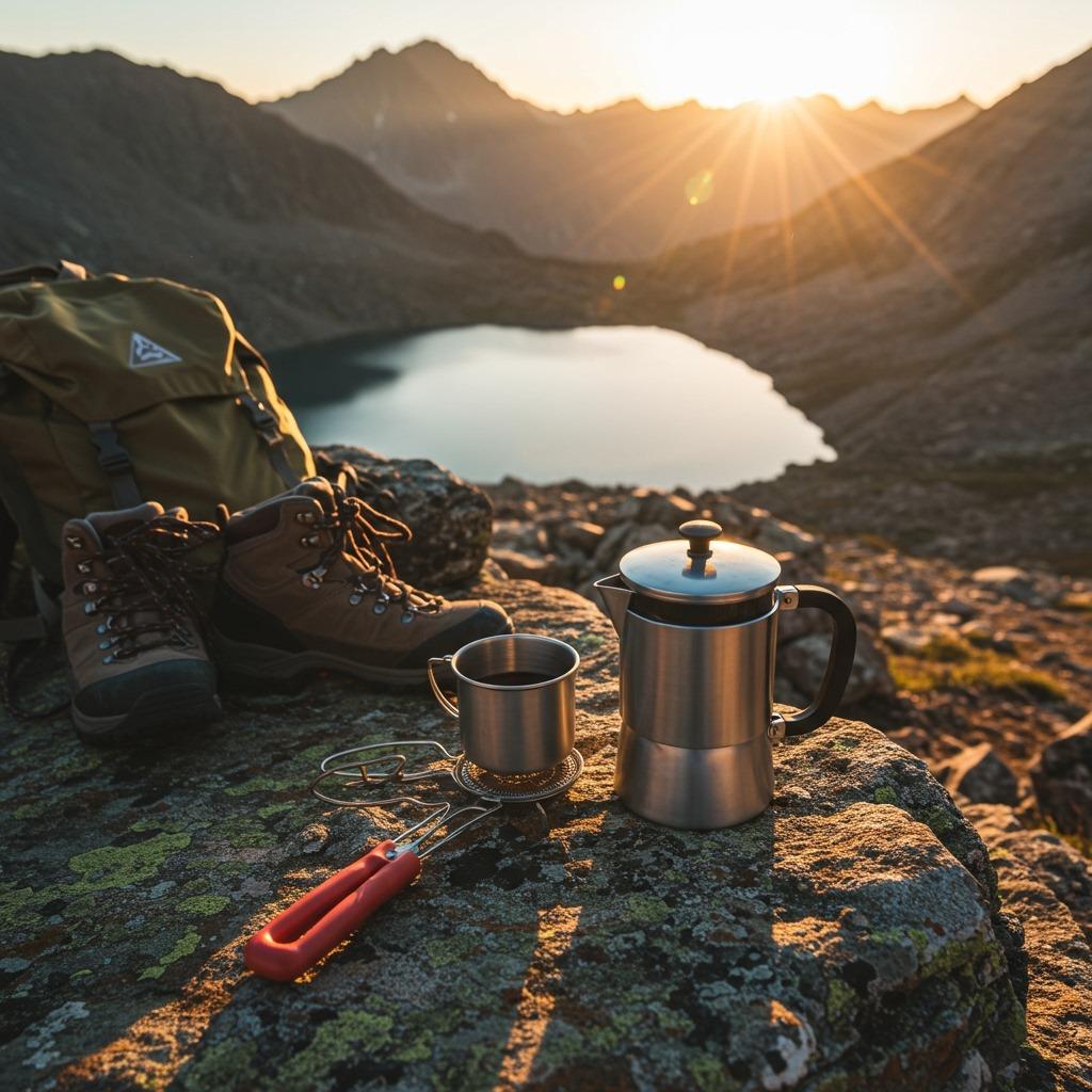 A compact camping French press setup on a rocky mountain ledge with an alpine lake in the background, hiking boots and backpack visible, golden hour lighting — adventure photography style