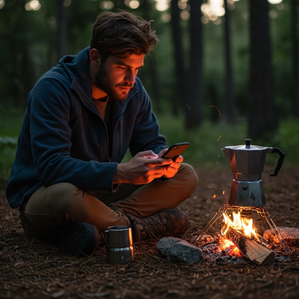 A concerned hiker reading nutrition information on their phone while sitting next to a campfire, with coffee brewing equipment nearby at dusk