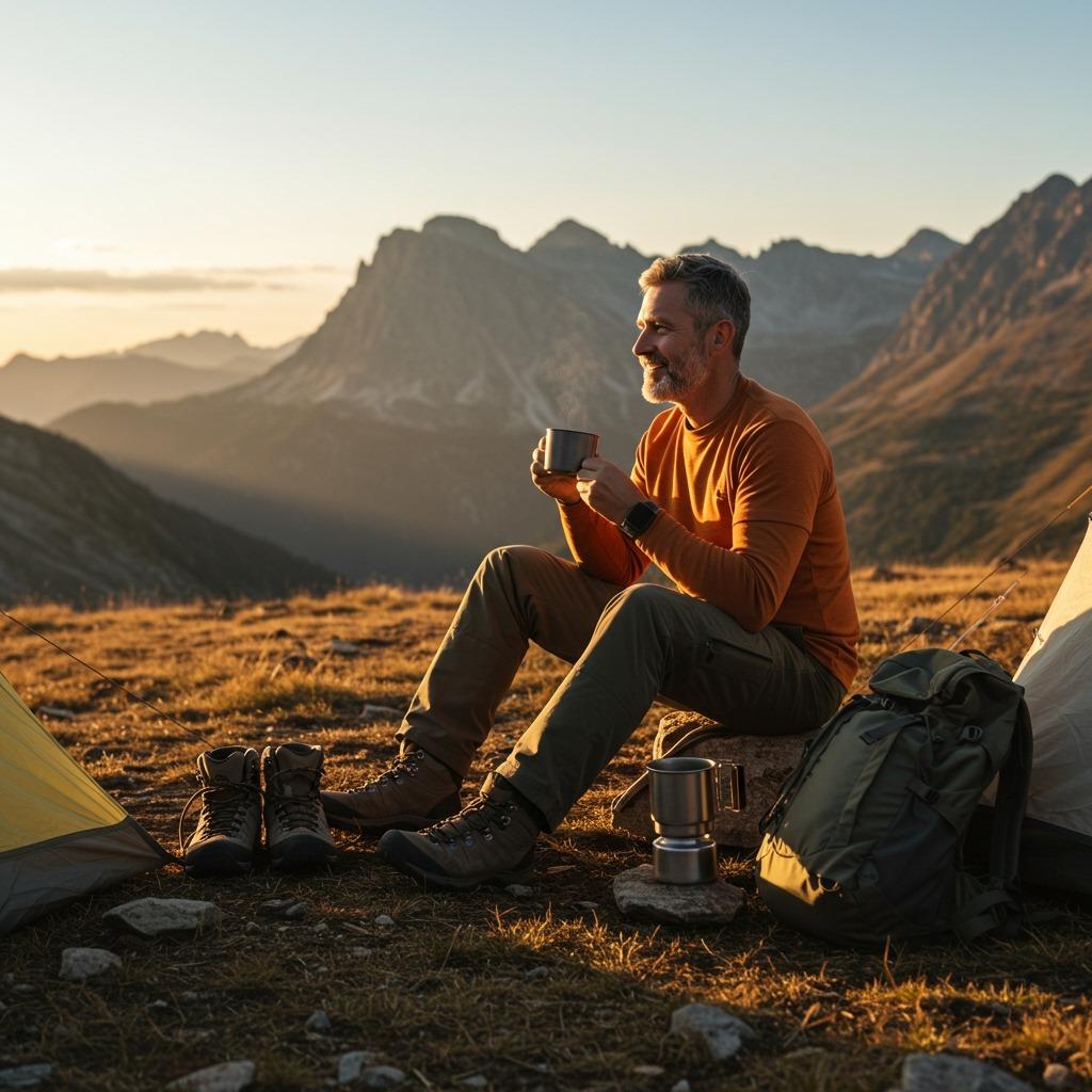 A content outdoor enthusiast enjoying a simple black coffee while overlooking a mountain vista from their campsite, with hiking boots and a daypack nearby