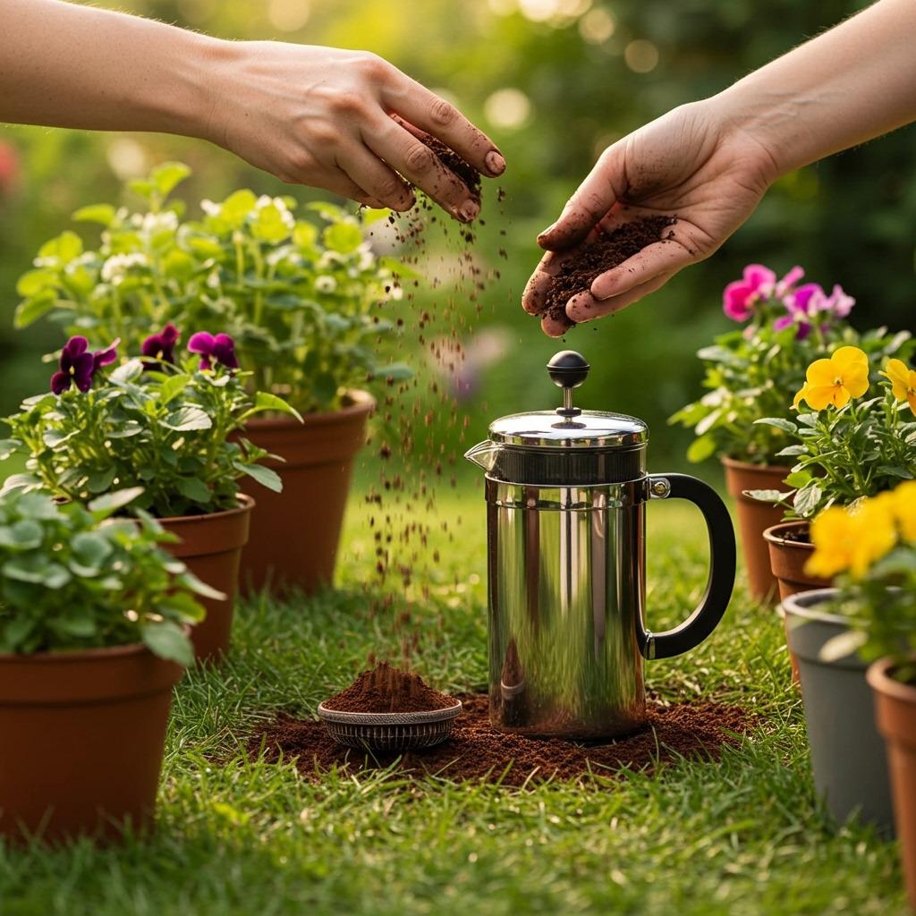 A French press surrounded by scattered coffee grounds being sprinkled around plants in a garden, with hands visible composting the grounds, natural lighting emphasizing sustainability theme