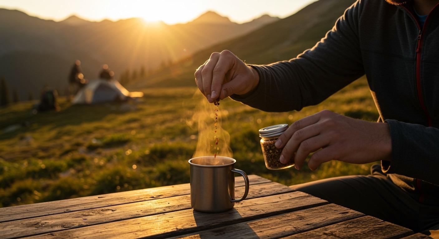A hiker adding spices to black coffee at a mountain campsite, golden sunrise light, steaming mug on a wooden table, realistic outdoor photography