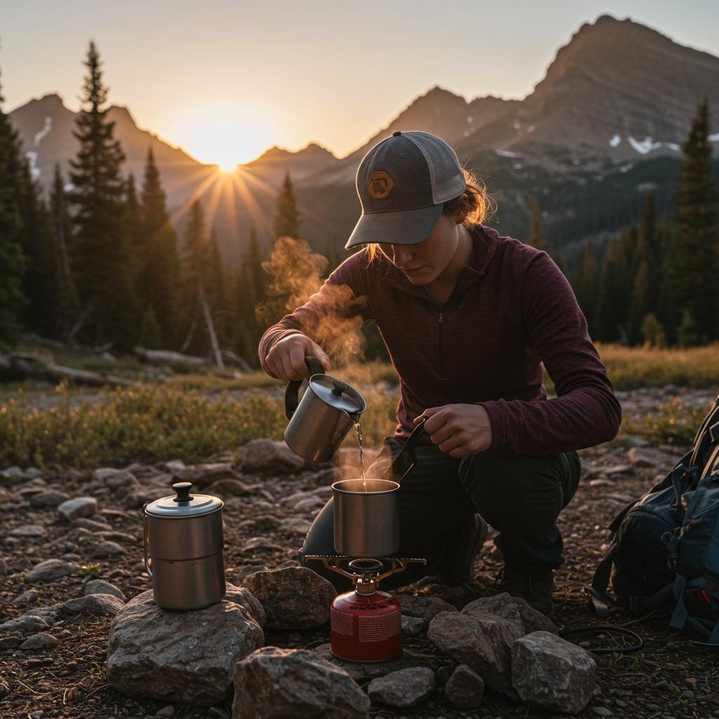 A hiker brewing black coffee over a camp stove at sunrise in mountain wilderness — realistic morning light, steam rising from mug, peaceful alpine setting