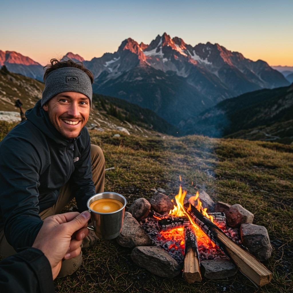 A hiker holding a small espresso cup with golden crema beside a campfire at dawn, mountain peaks in the background, realistic outdoor photography style