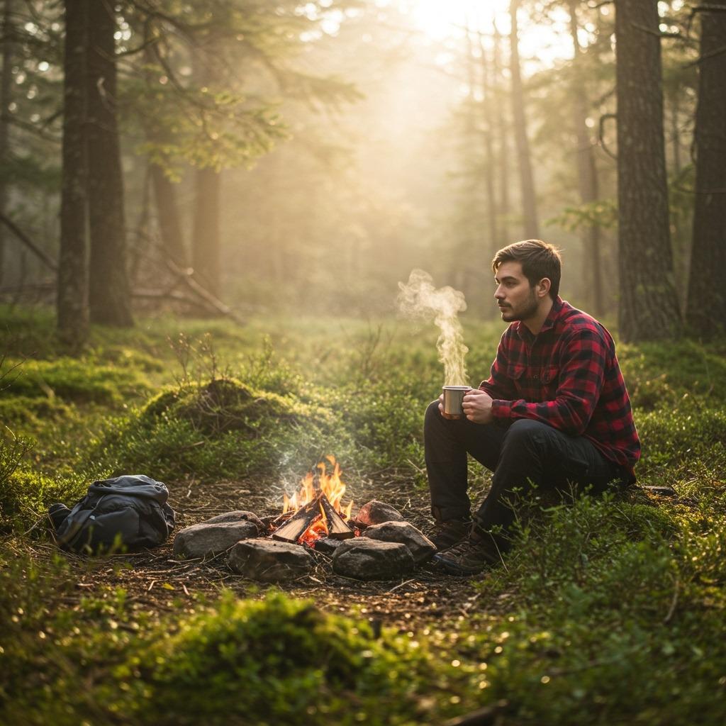 A hiker in a flannel shirt sitting by a campfire, steam rising from a mug, early morning mist in the forest — photo-realistic, natural light, cozy mood
