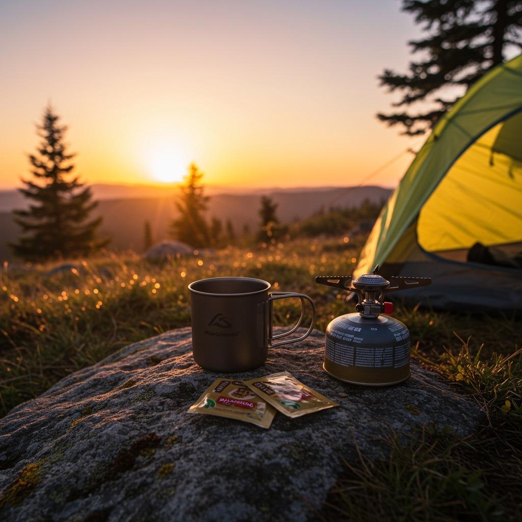 A lightweight backpacker's campsite at dawn, with a titanium mug, instant coffee packets, and a compact stove on a rock beside a tent — warm sunrise, inviting atmosphere
