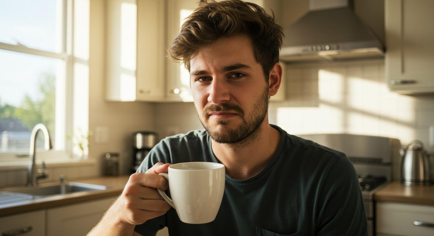 A person grimacing while holding a white coffee mug in a bright kitchen, realistic morning light, disappointed expression