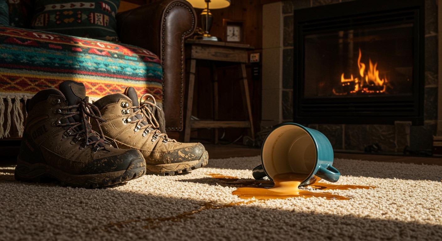 A rustic living room with muddy hiking boots, a colorful camp-style throw, and a tipped-over mug with fresh coffee pooling on a soft cream carpet — realistic, natural sunlight, cozy mood