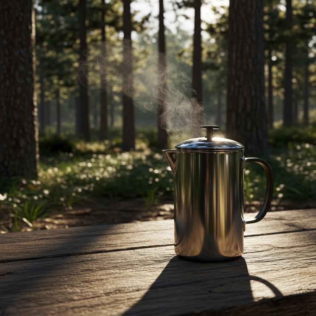 A stainless steel French press on a wooden camp table with steam rising, surrounded by tall pine trees and morning sunlight filtering through branches, realistic outdoor lighting