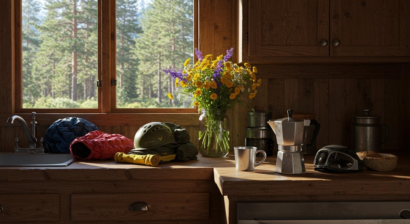 A sunlit kitchen with rustic countertops, a camp-style coffee pot next to a pile of adventure gear, fresh wildflowers in a mason jar, and open windows showing a pine forest in the background — highly realistic, warm, and welcoming.