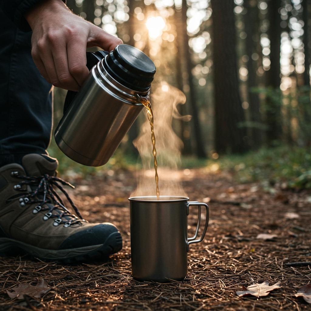 A thermos of coffee being poured into a metal camping cup during a forest hike — dappled sunlight through trees, hiking boots visible, peaceful trail setting