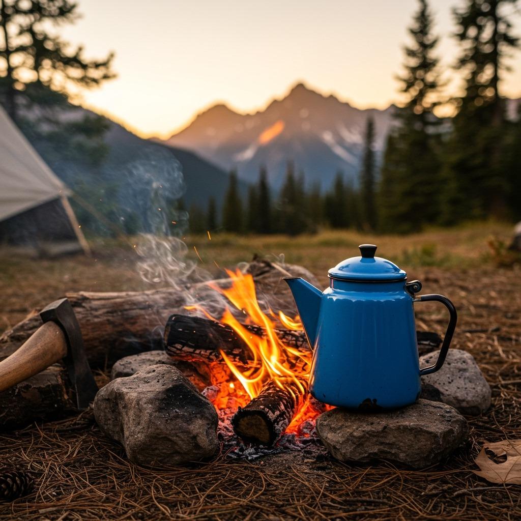 A vintage enamel coffee pot brewing over a campfire with mountain peaks in the background — golden hour lighting, outdoor adventure atmosphere, rustic camping setup