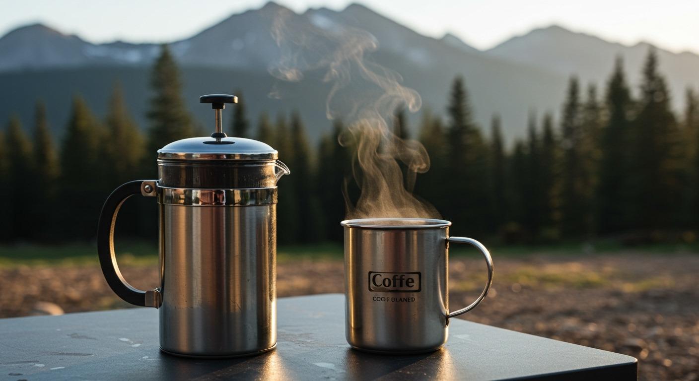 A weathered stainless steel French press sits on a camp table with steam rising from freshly brewed coffee, mountain peaks, and pine trees in soft morning light background — realistic outdoor photography style