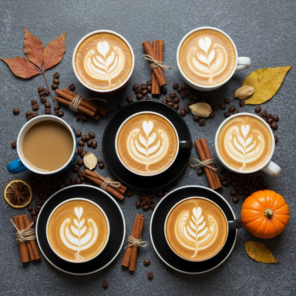 Artistic flat lay of various latte variations in different cups, showing classic latte, caramel latte, oat milk latte, and seasonal pumpkin spice latte, surrounded by coffee beans, cinnamon sticks, and autumn leaves