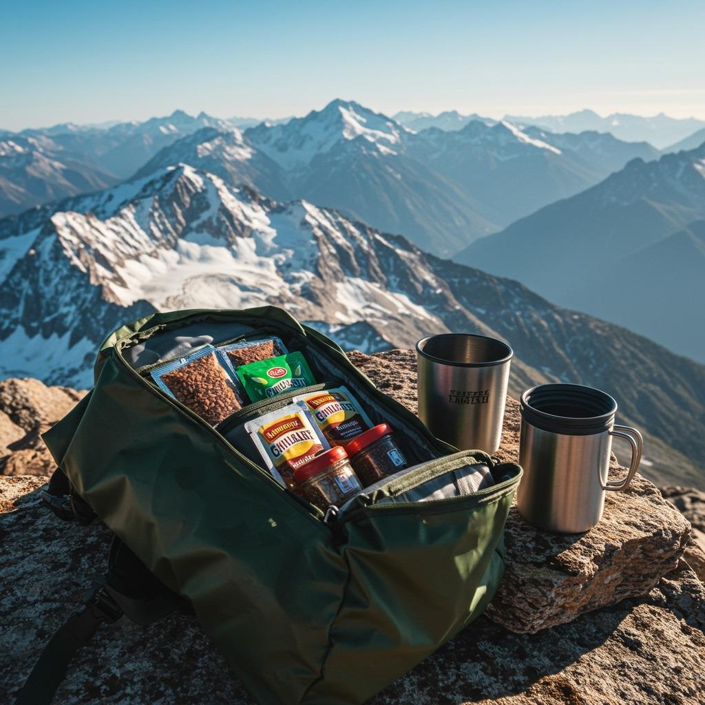 Backpack with coffee supplies - instant packets, small spice containers, portable cup - spread on a mountain vista background, adventure photography style