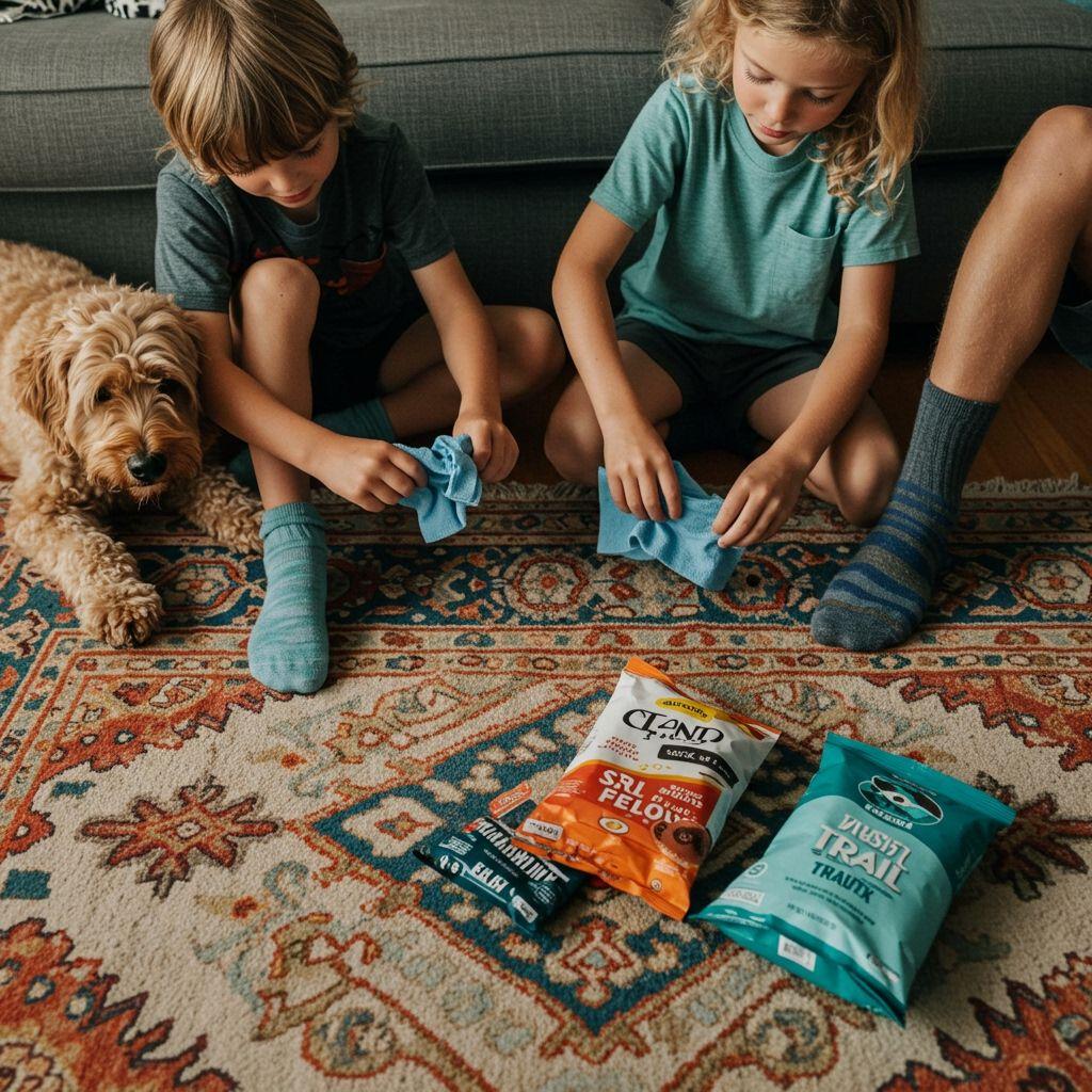 Candid family moment: two kids in hiking socks helping blot a spill, with a floppy dog and a scattering of trail snacks on the edge of a colorful living room carpet — bright, energetic, lifestyle vibe