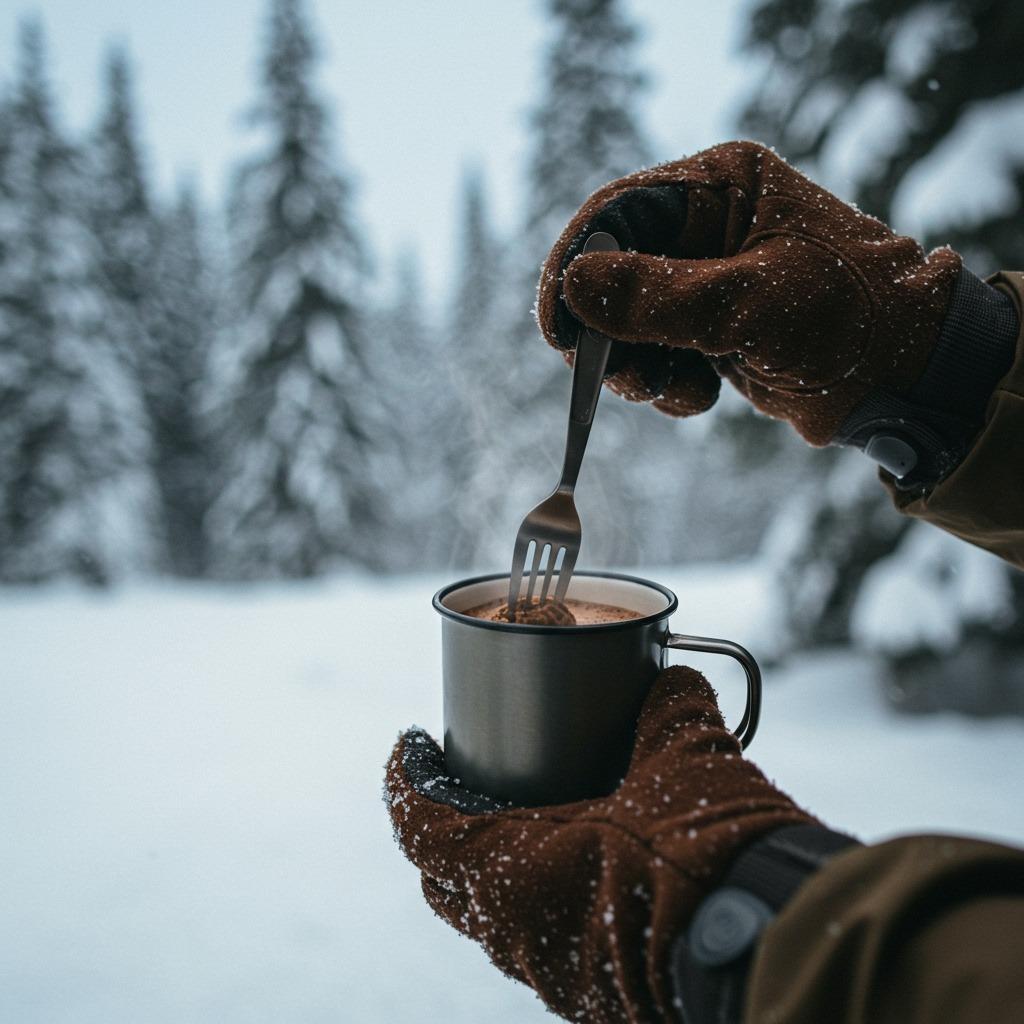 Close-up of gloved hands stirring instant coffee in a camping mug with a spork, with snow-dusted pine trees in the background — realistic, tactile detail