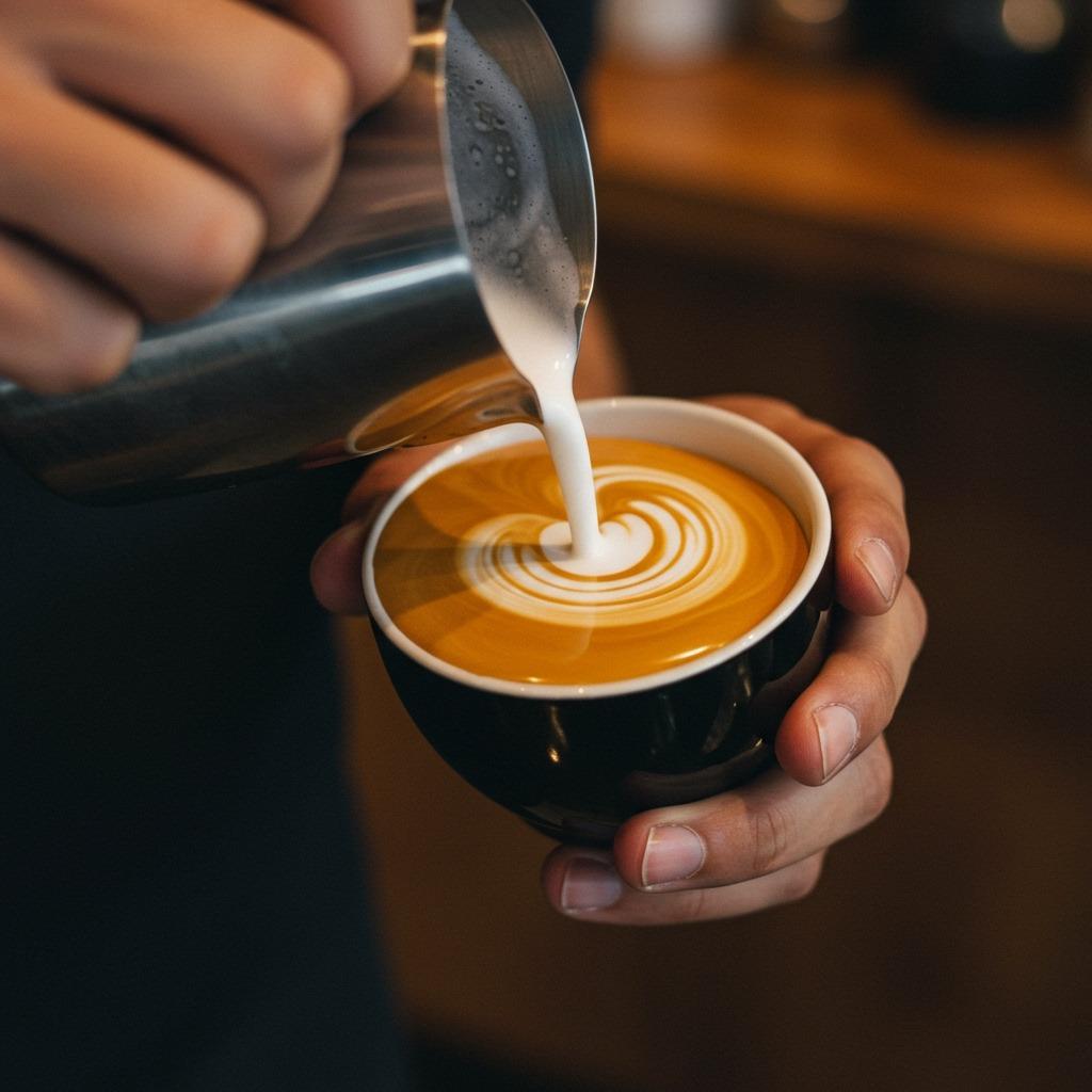 Close-up of hands pouring perfectly steamed milk into espresso, showing the golden crema and smooth integration, warm café lighting, professional barista technique