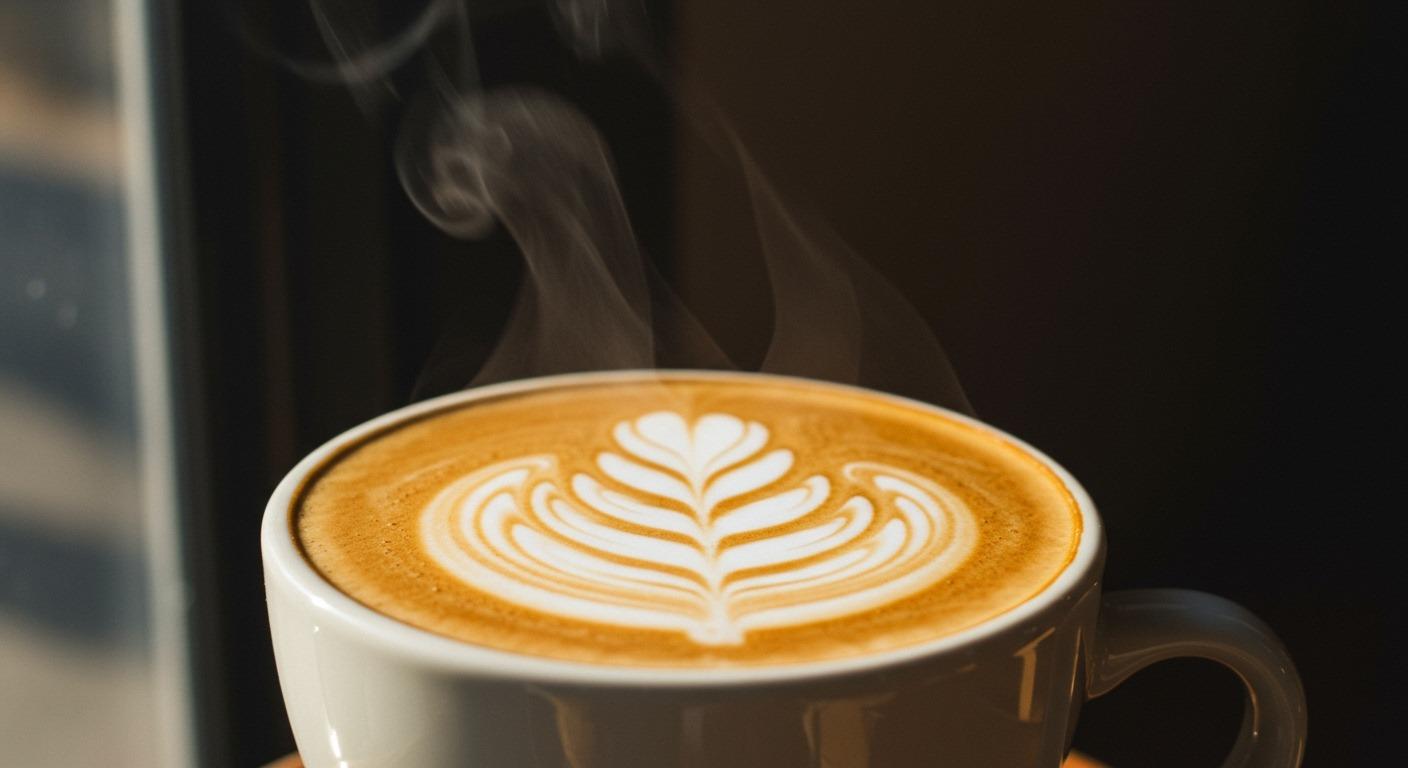 Close-up shot of a perfectly crafted latte with intricate foam art in a ceramic cup, warm morning light streaming through a coffee shop window, steam gently rising from the surface
