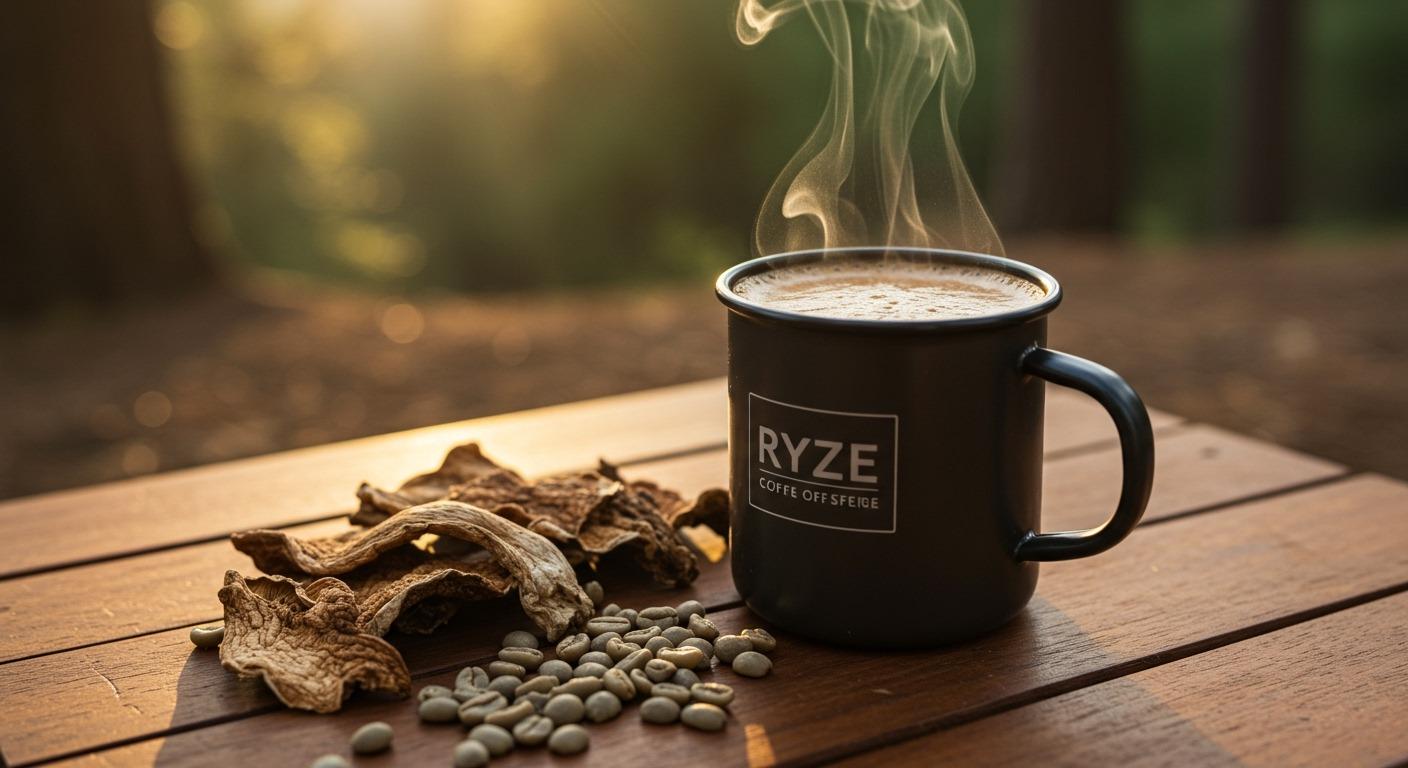 Close-up shot of a steaming cup of Ryze mushroom coffee on a rustic wooden camping table, surrounded by green coffee beans and dried mushrooms, with morning sunlight filtering through pine trees in the background