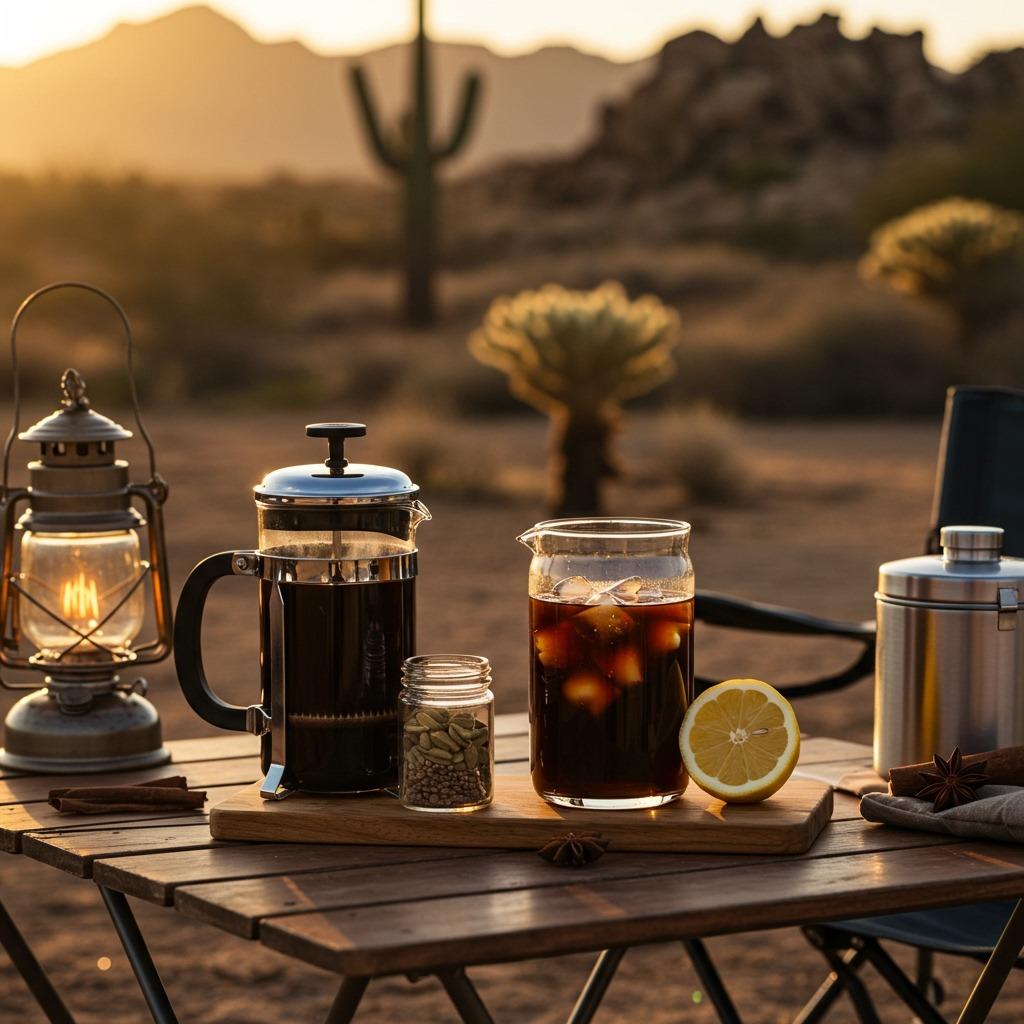 Cold brew coffee setup at desert campsite with spices and lemon, cactus landscape in background, golden hour lighting, Pinterest-style composition