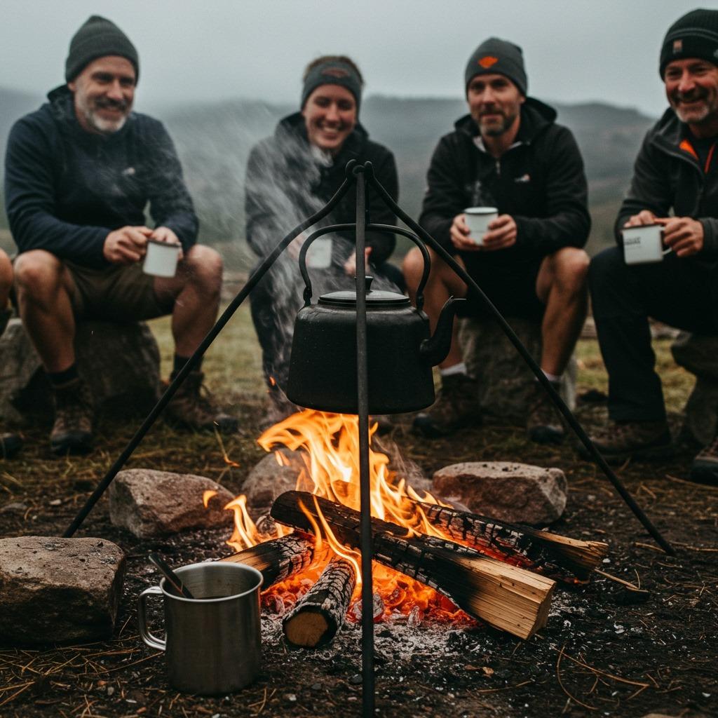 Cozy campfire morning with a kettle suspended over the flames, hikers gathered around, steam swirling as coffee is poured — candid, emotionally rich, and inviting.