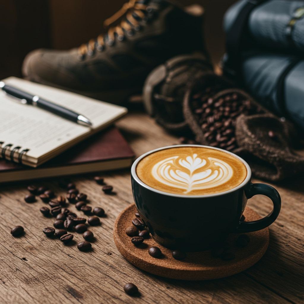 Cozy morning scene with a perfect latte on a rustic wooden table, soft natural lighting, coffee beans scattered nearby, with hiking gear and a journal in the background suggesting the connection between coffee culture and outdoor adventure lifestyle