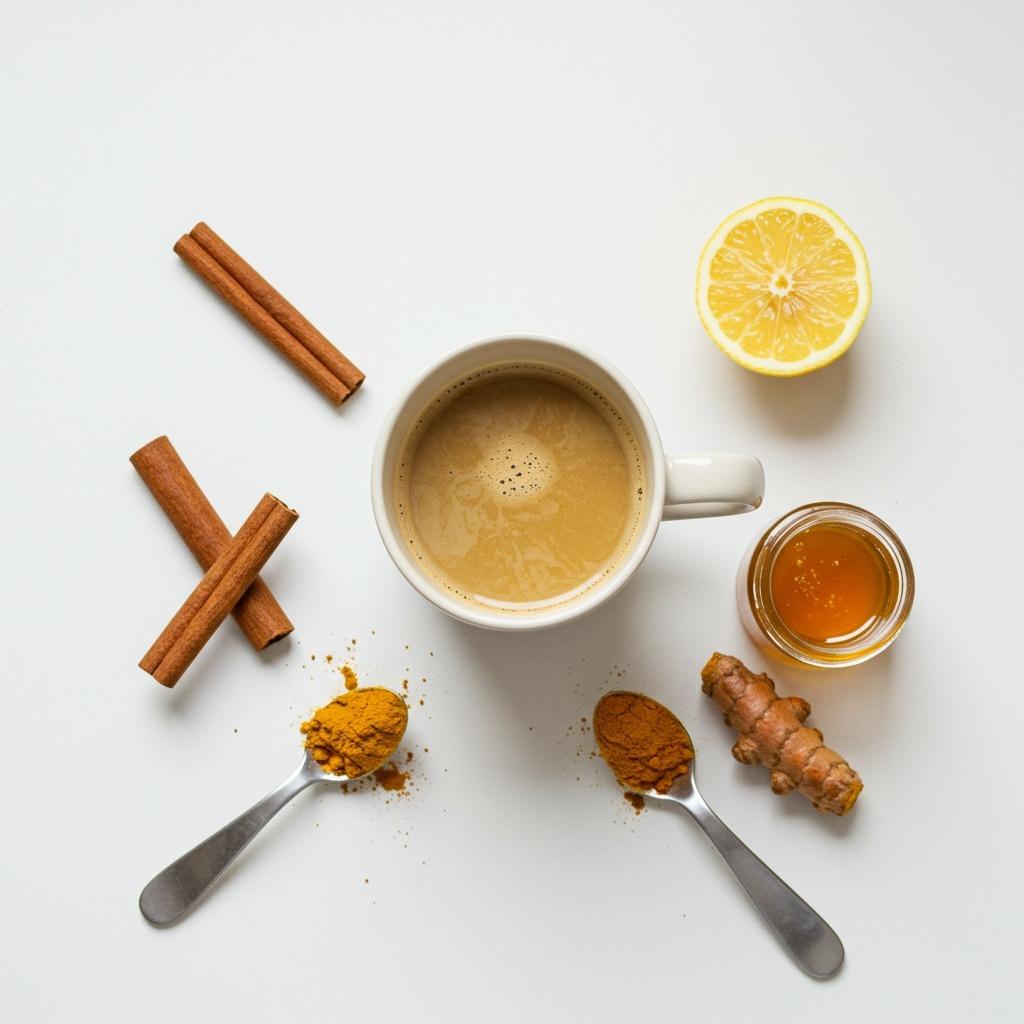 Flat lay of coffee loophole ingredients - cinnamon sticks, fresh lemon, honey jar, cayenne pepper, turmeric - arranged around a steaming coffee mug, clean kitchen lighting