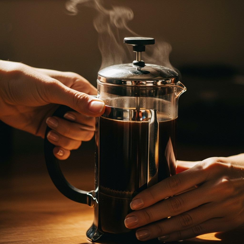 Hands slowly pressing down a French press plunger with rich dark coffee visible through glass, steam rising, captured in warm natural lighting with shallow depth of field