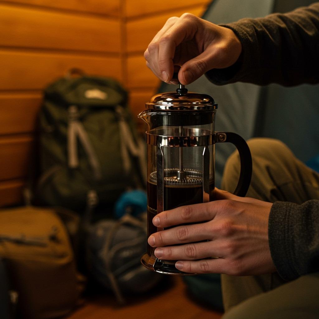 Hands slowly pressing down the plunger of a French press with coarse coffee grounds visible through clear glass, warm cabin interior with camping gear in background — detailed lifestyle photography
