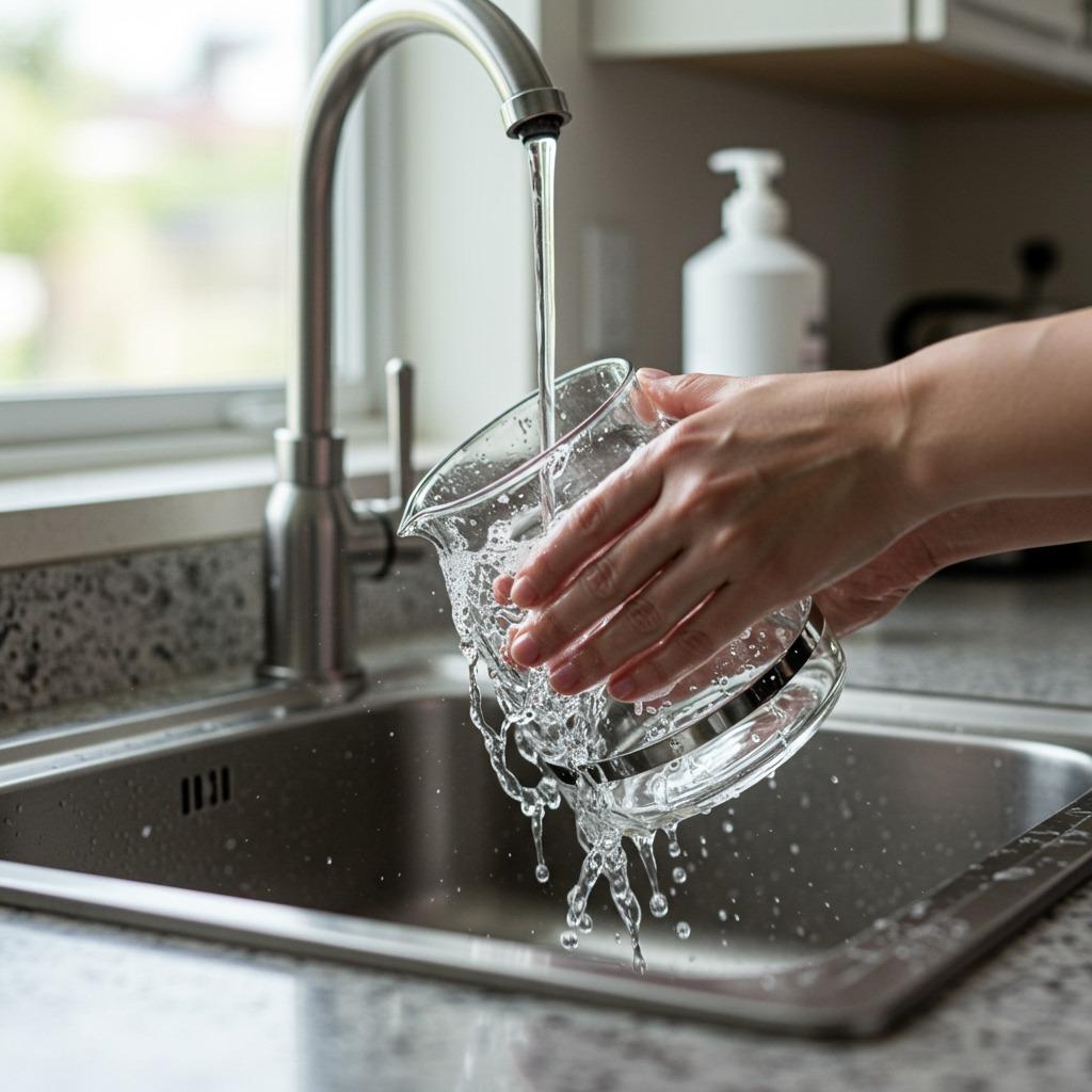 Hands washing a glass coffee carafe in a kitchen sink with warm soapy water, natural daylight through window, clean and organized countertop