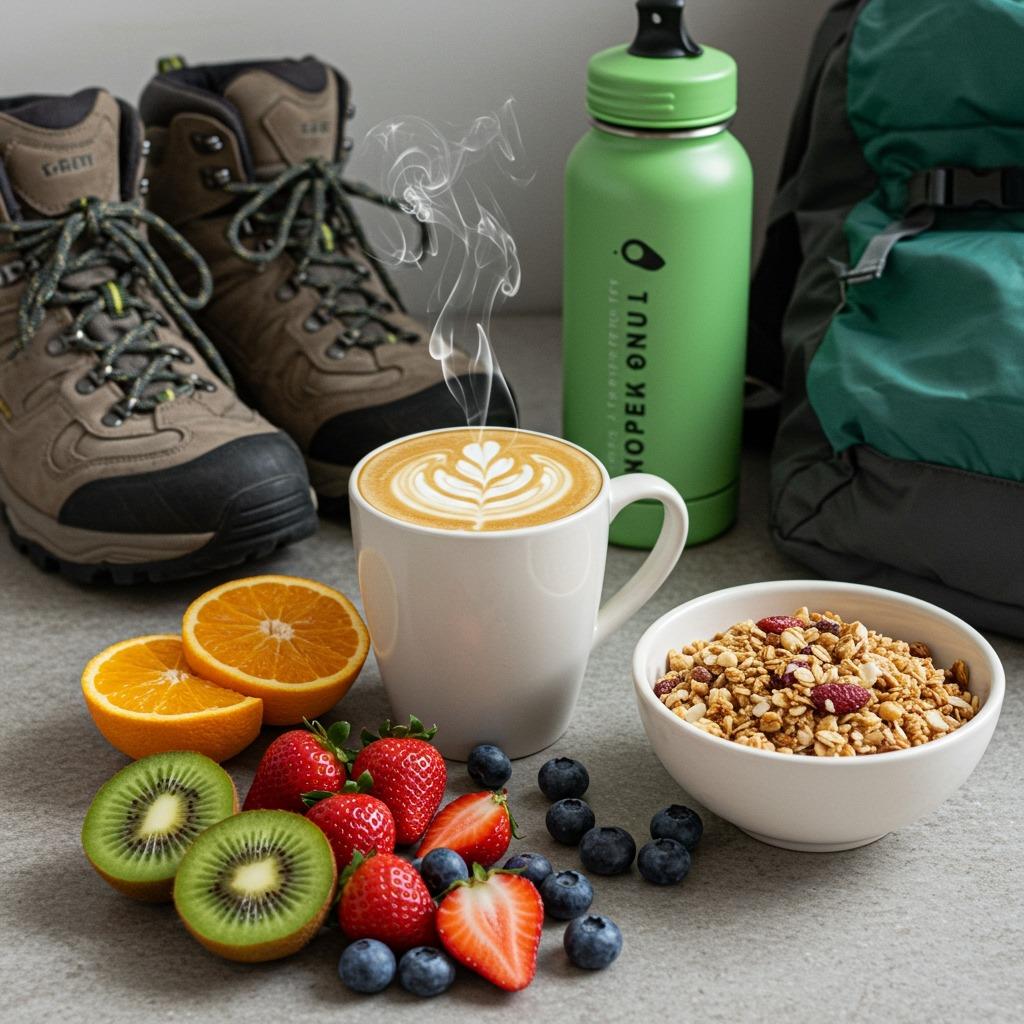 Healthy lifestyle flat lay showing a latte alongside fresh fruits, granola, hiking boots, and outdoor gear, representing the balance of coffee culture and active living