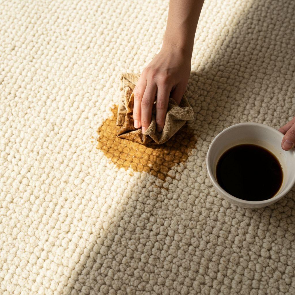 Over-the-shoulder view of someone cleaning a brown coffee stain on a cream wool rug, using a camp towel and a bowl of homemade cleaning solution; natural morning light