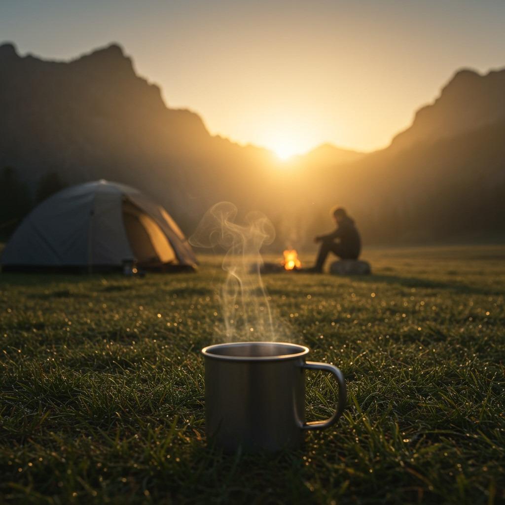 Peaceful campsite scene with steaming coffee mug in foreground, tent and mountains in soft morning light, lone camper in background, cinematic composition