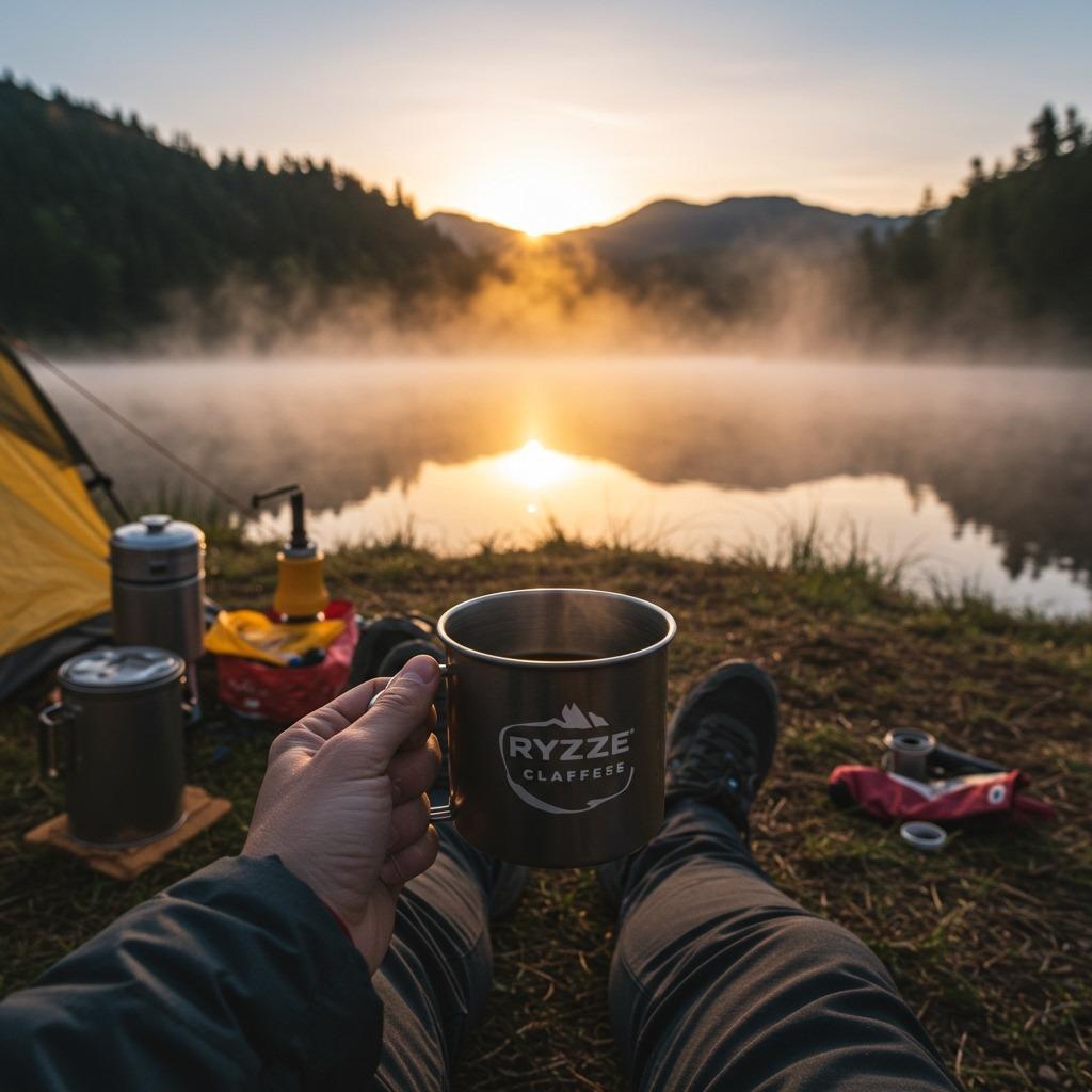 Peaceful morning scene with a person sitting by a mountain lake at sunrise, holding a warm mug of Ryze coffee, with camping gear nearby and mist rising from the water, capturing the essence of sustained, calm energy in nature