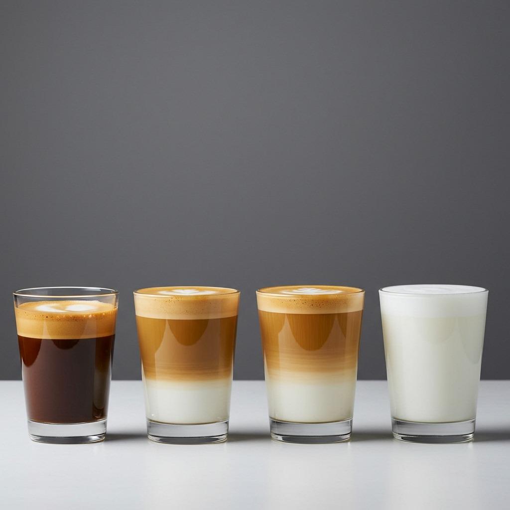 Side-by-side comparison of four coffee drinks in clear glasses showing different milk ratios and foam levels, professional studio lighting, clean minimalist background