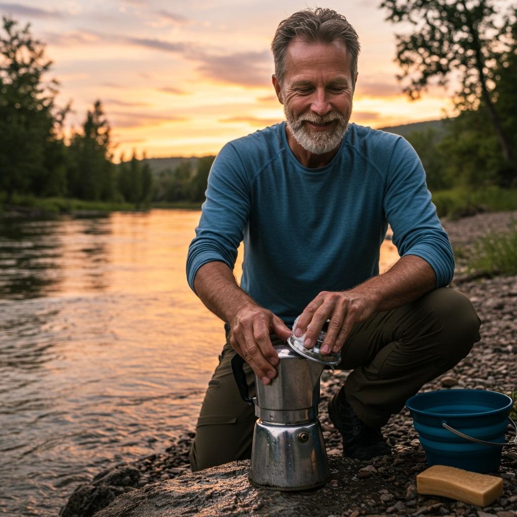 Smiling hiker scrubbing a battered steel camp percolator by a riverbank at sunset, using biodegradable soap and water from a collapsible bucket — highly realistic and richly colored.
