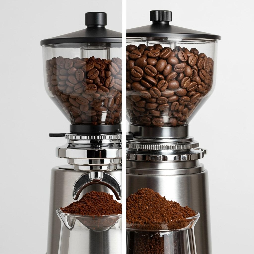 Split-screen comparison showing fine espresso grounds next to coarser regular coffee grounds, with grinding equipment, clean studio lighting