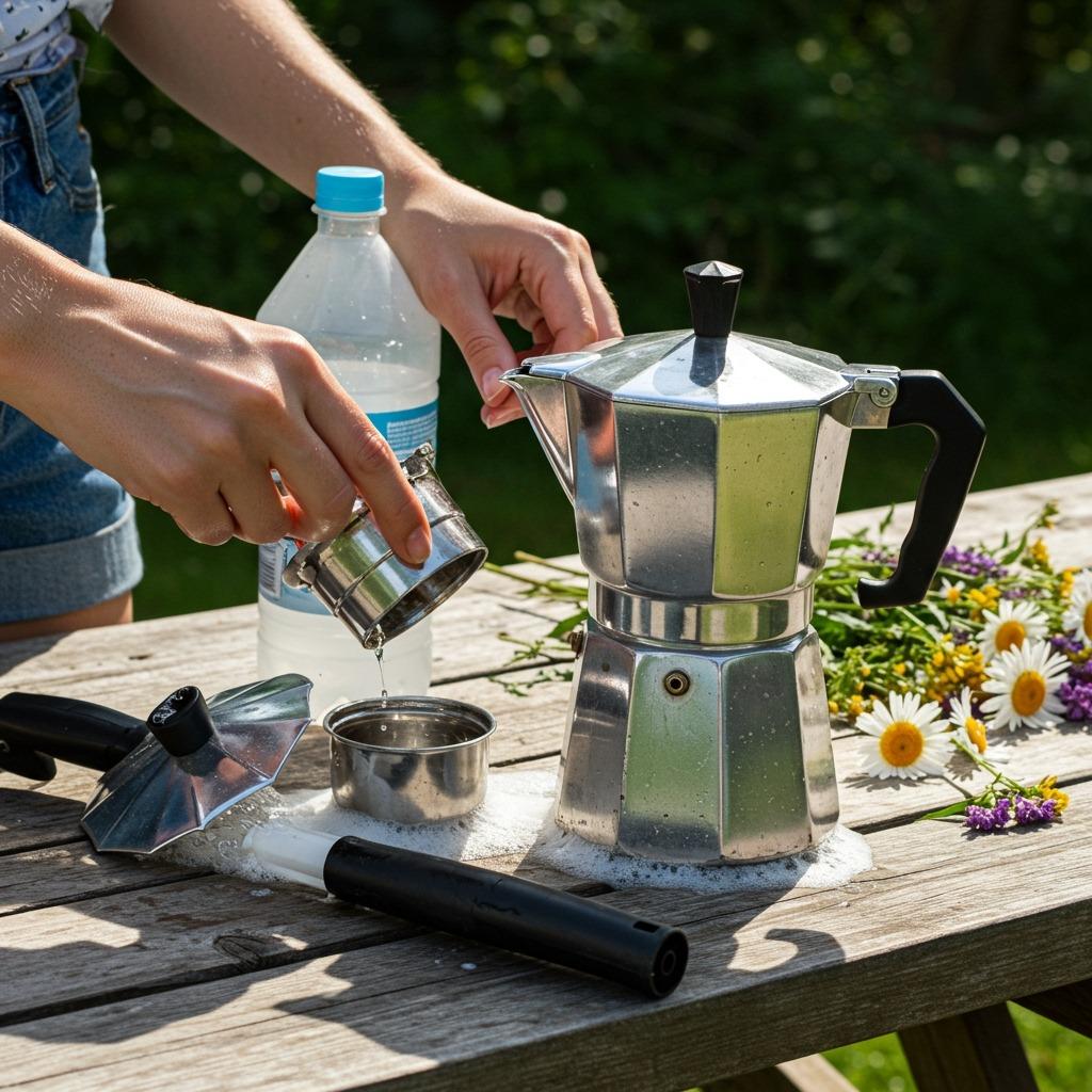 Sun-dappled scene of a coffee pot being dismantled and scrubbed outdoors on a picnic table, fresh water, white vinegar bottle, and wildflowers scattered nearby — highly detailed, casual, and engaging.