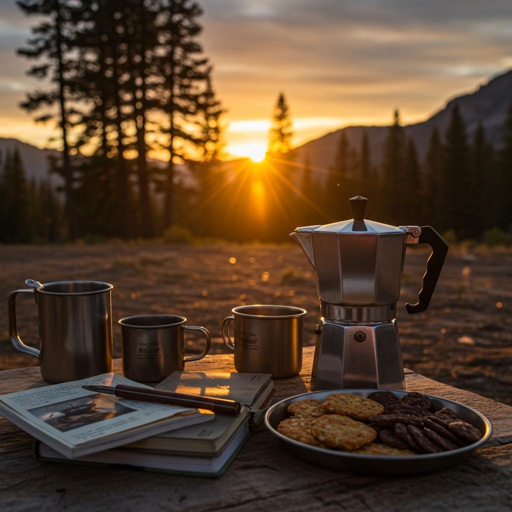 Sunset glow over an immaculate camp kitchen setup: a gleaming coffee pot alongside a journal, camp mugs, and a plate of breakfast snacks, with a backdrop of mountains and tall trees — dreamy, Pinterest-perfect, and emotionally resonant.